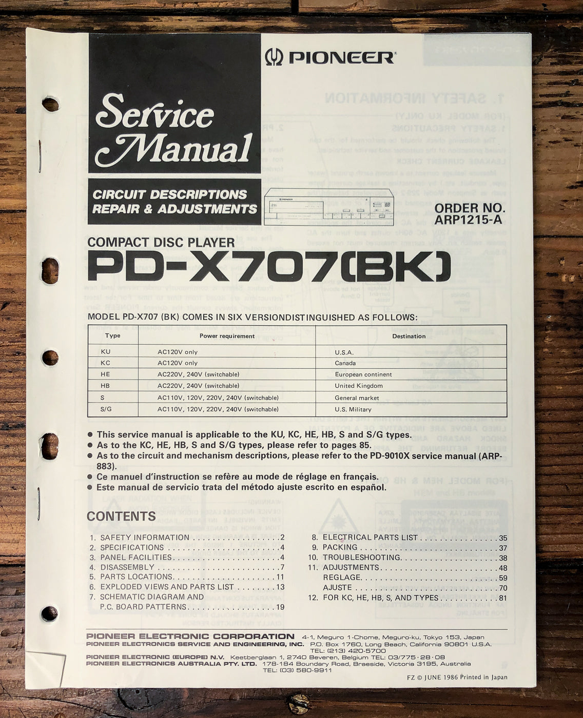 Pioneer PD-X707 CD Player Service Manual *Original*