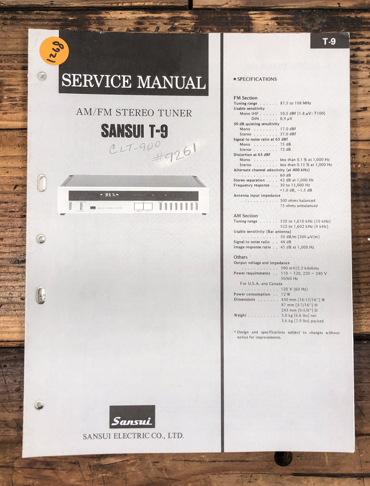 Sansui T-9 Tuner Service Manual *Original*