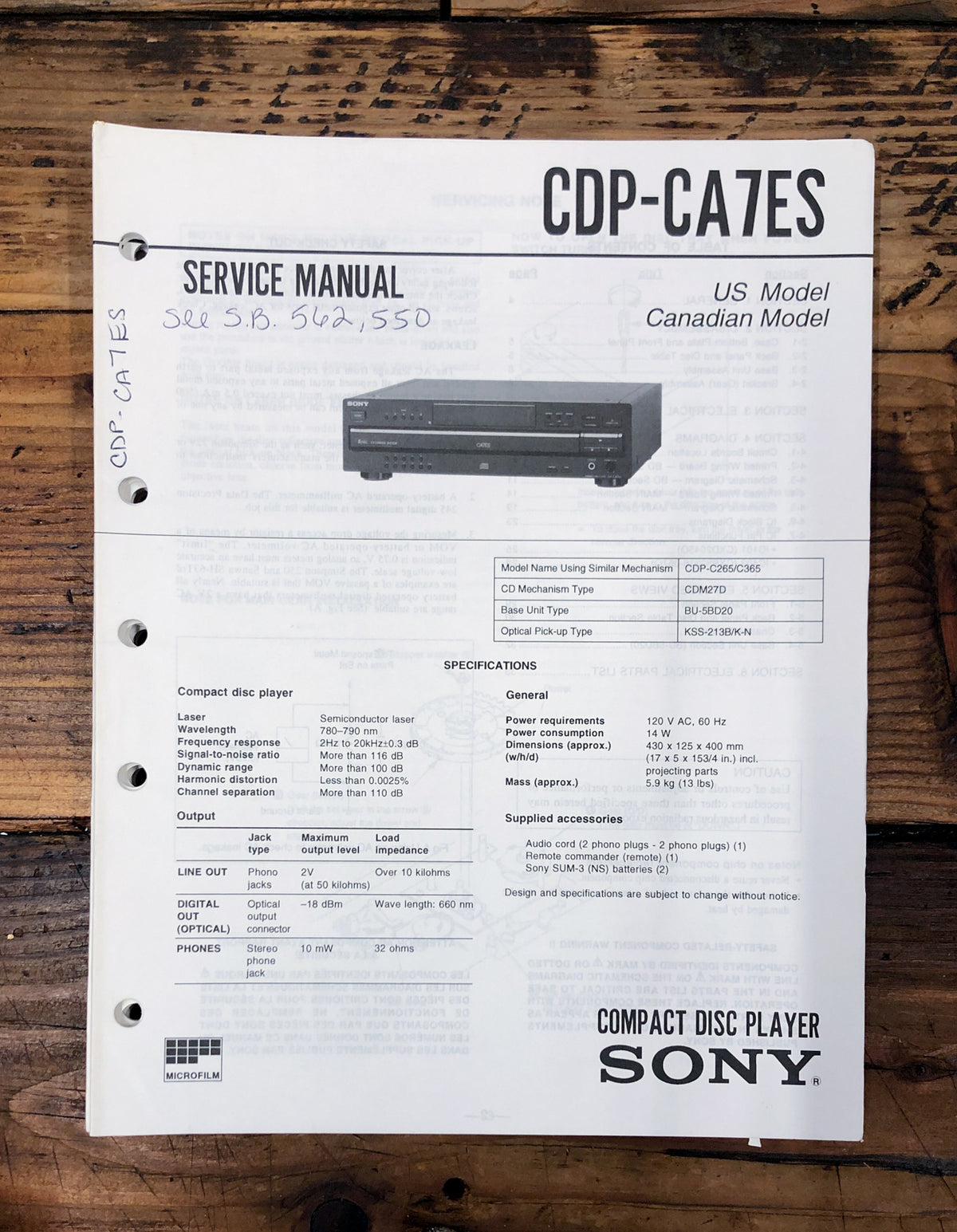 Sony CDP-CA7ES CD Player Service Manual *Original*