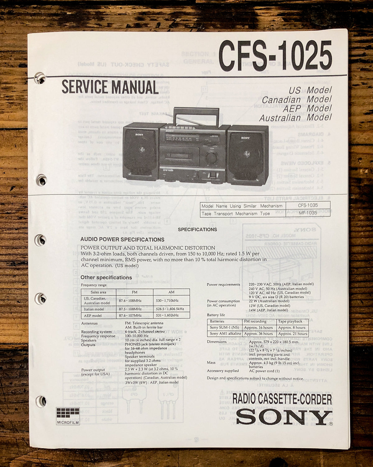 Sony CFS-1025 Radio / Stereo Service Manual *Original*