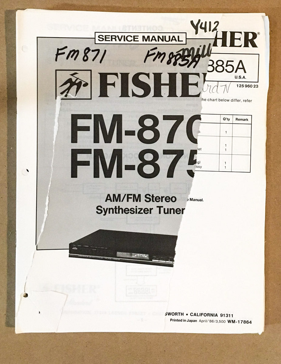 Fisher FM-870 FM-875 Tuner Service Manual *Original*