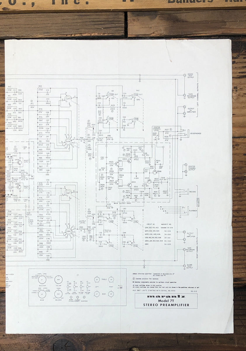 Maranz Model 7T Preamp / Preamplifier Fold Out Schematic *Original*