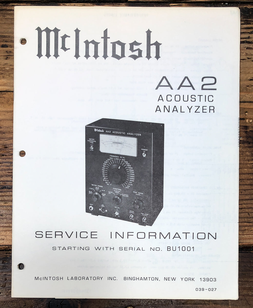 McIntosh AA-2 AA2 Acoustic Analyzer Starts BU1001 Service Manual *Original*