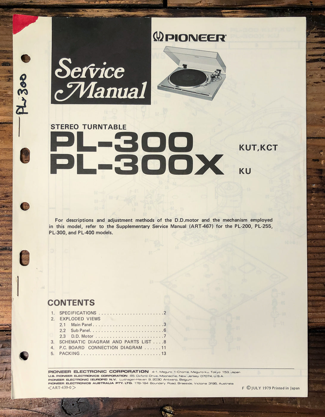 Pioneer PL-300 PL-300X Turntable Service Manual *Original*