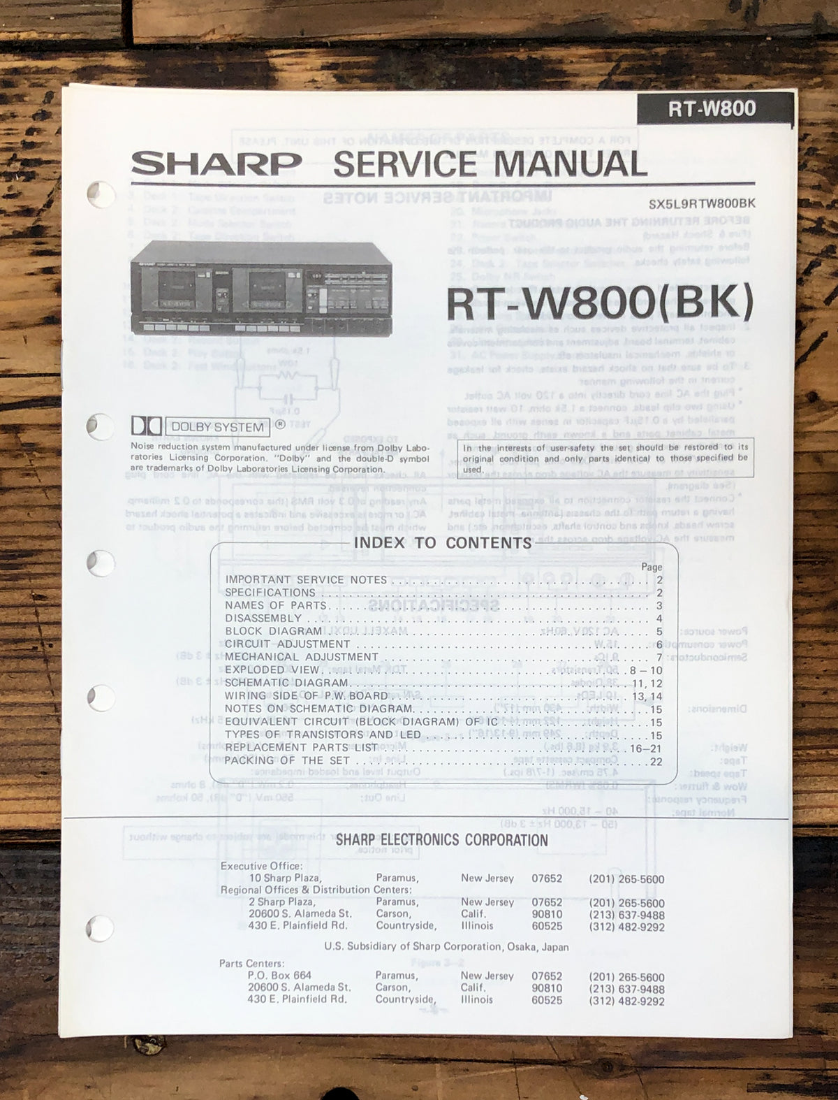 Sharp RT-W800 Cassette Service Manual *Original*