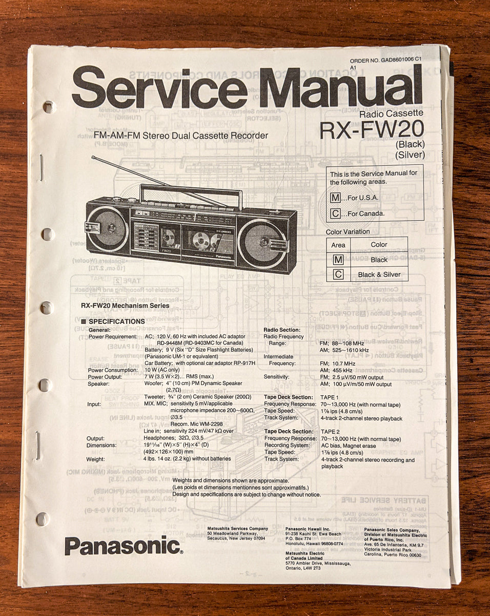 Panasonic RX-FW20 Radio Cassette Service Manual *Original*