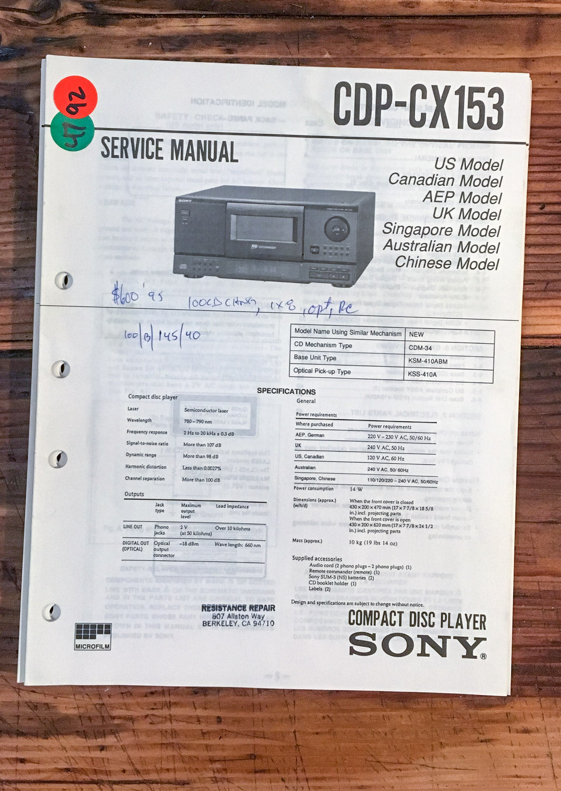 Sony CDP-CX153 CD Player Service Manual *Original*