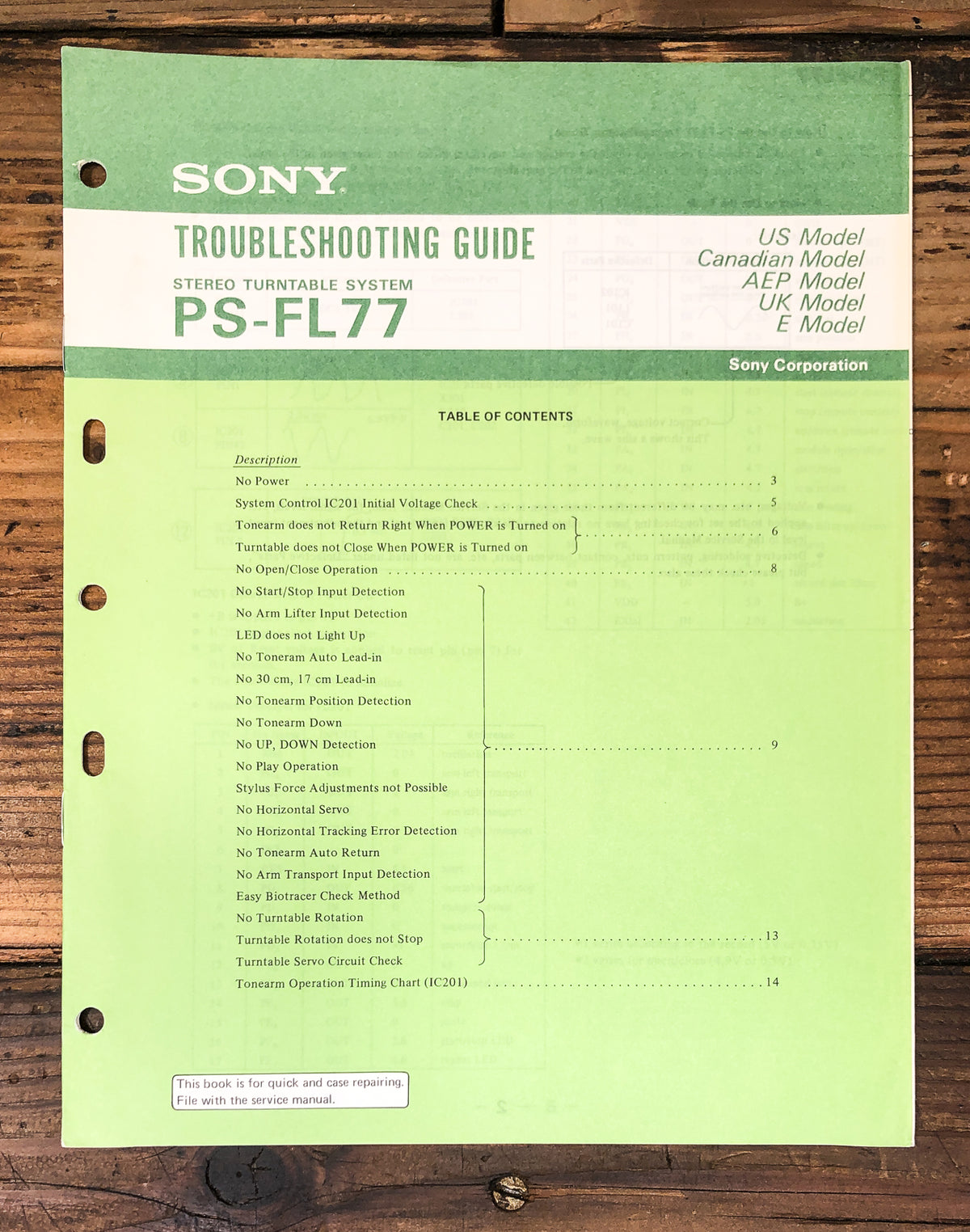 Sony PS-FL77 Record Player / Turntable Troubleshooting Manual *Original*