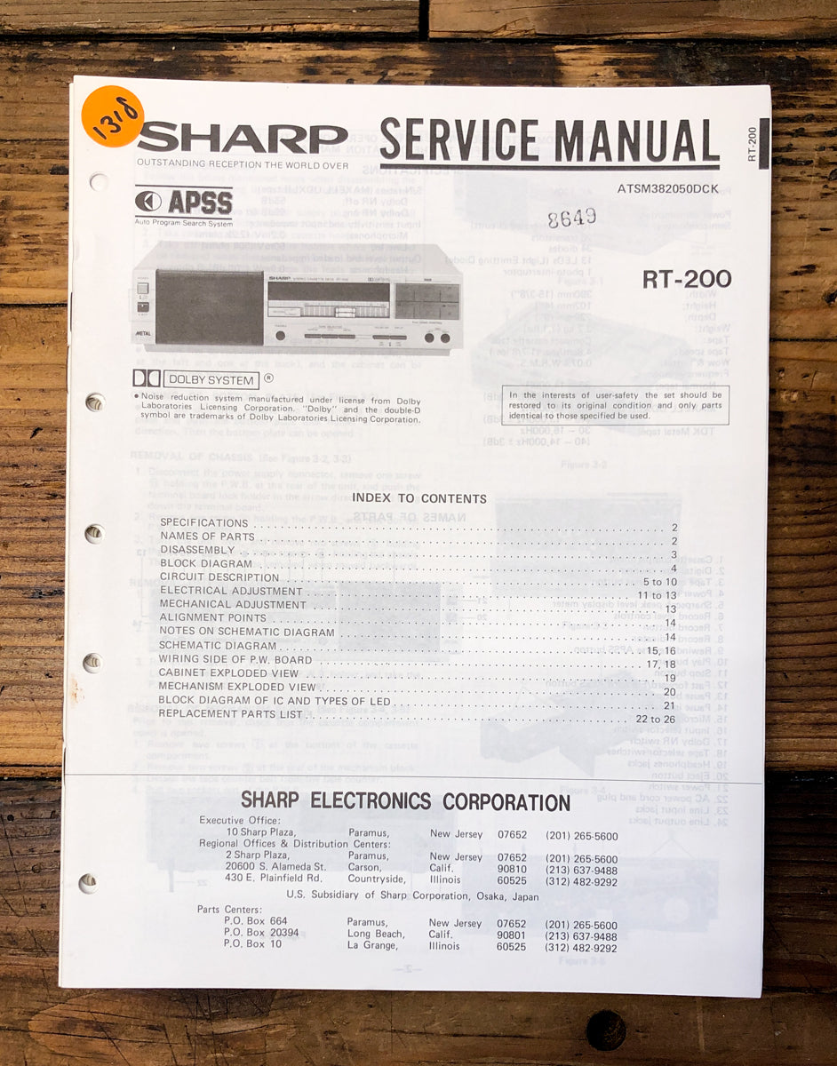 Sharp RT-200 Cassette Service Manual *Original*