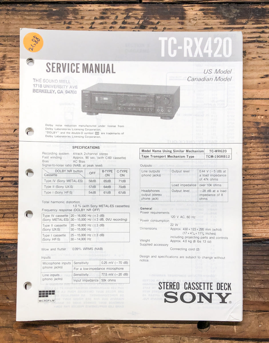 Sony TC-RX420 Cassette Service Manual *Original*