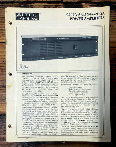 Altec Model 9444A 9444SA Amplifier  Owners Manual & Schematic *Orig*