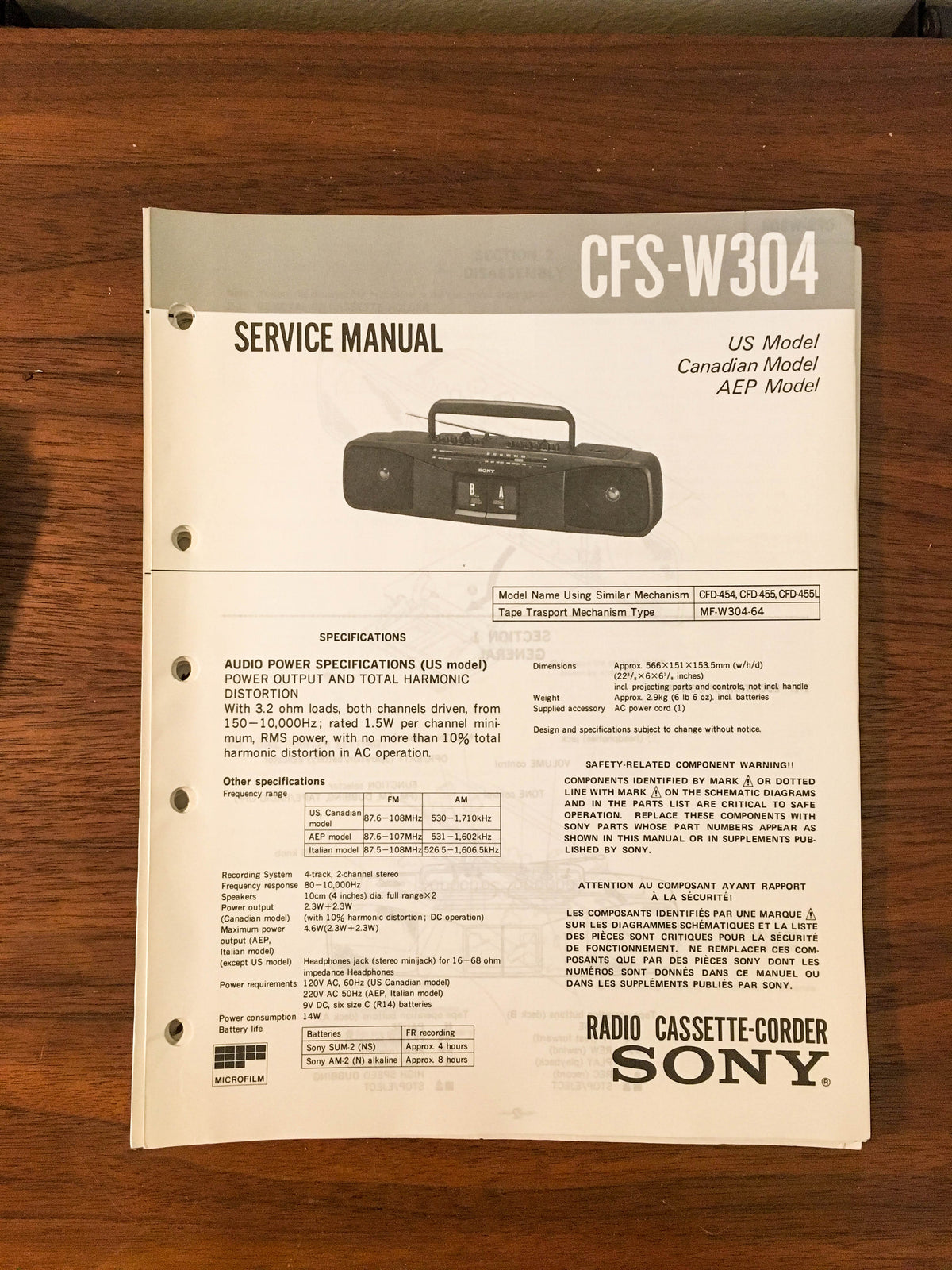 Sony CFS-W304 RADIO CASSETTE Service Manual *Original*