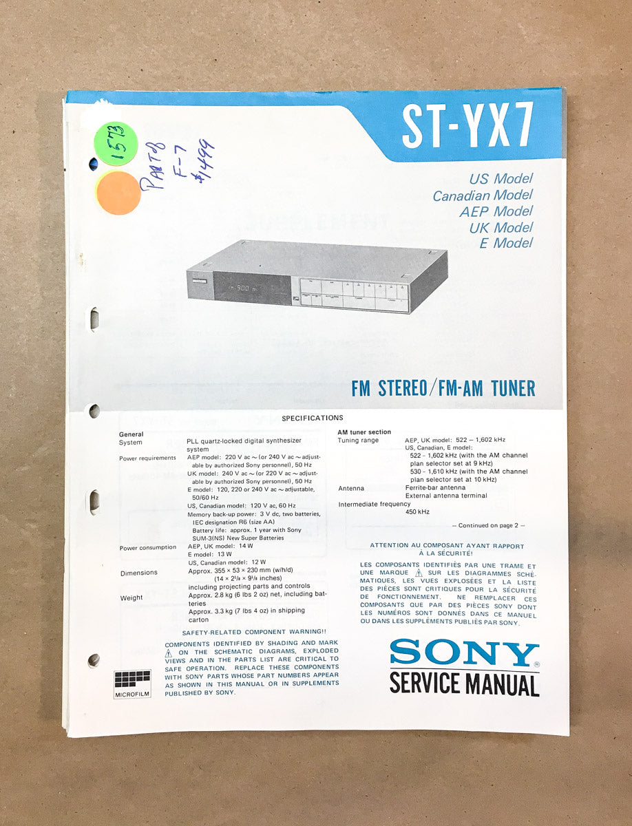 Sony ST-YX7 Tuner Service Manual *Original*