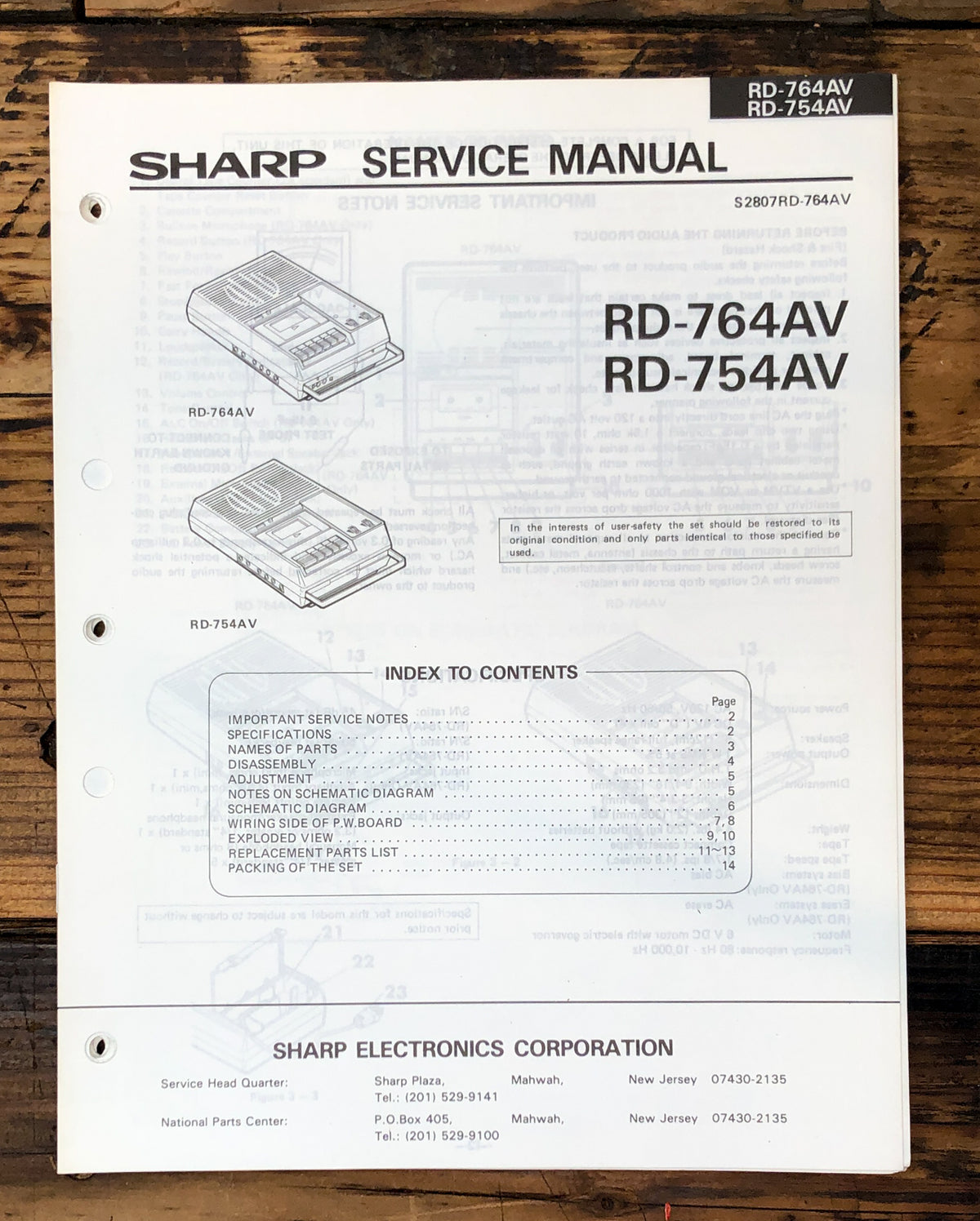 Sharp RD-764AV -754AV Cassette Service Manual *Original*