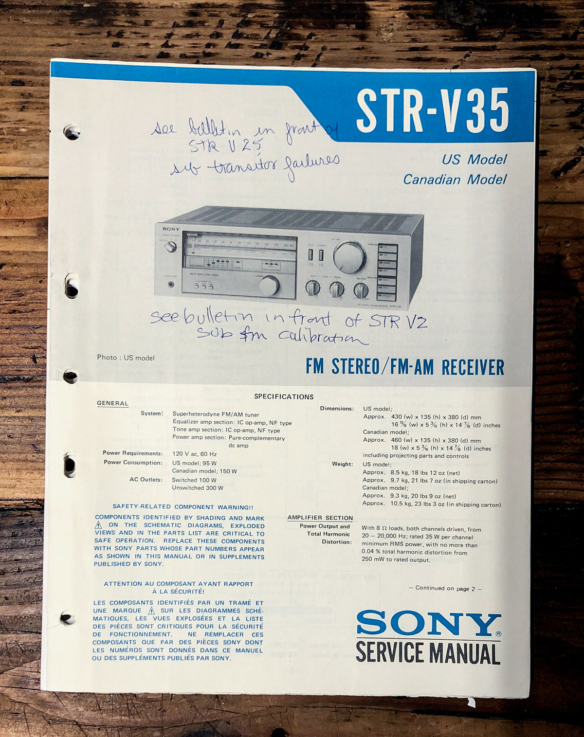 Sony STR-V35 Receiver Service Manual *Original*