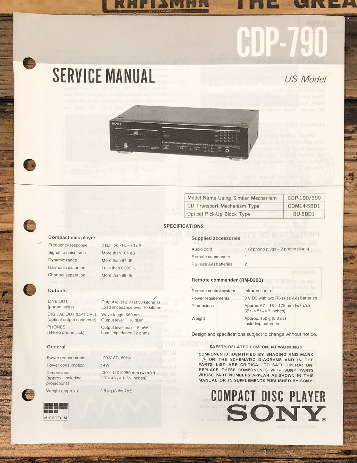 Sony CDP-790 CD Player Service Manual *Original*