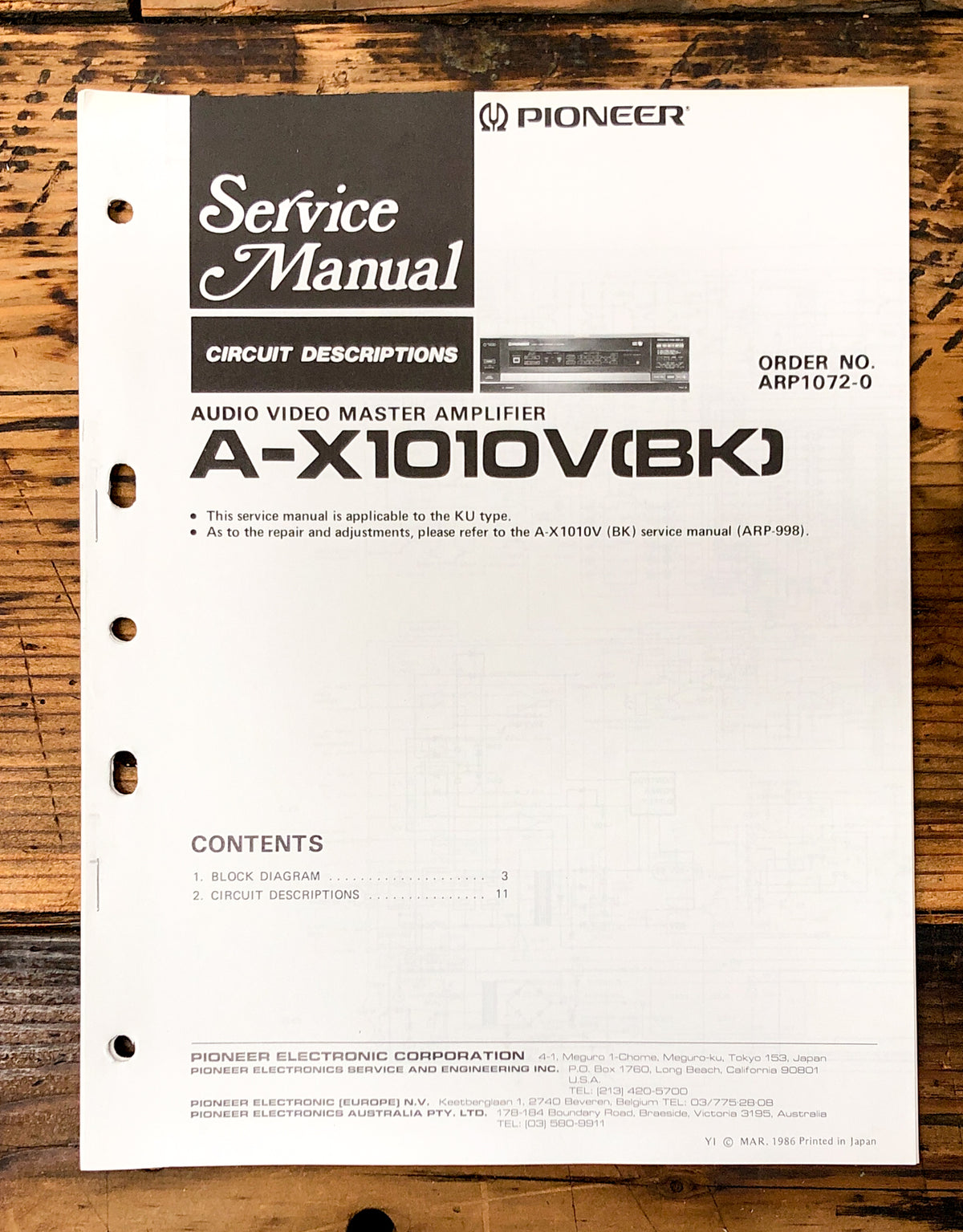 Pioneer A-X1010 Amplifier Service Manual *Original* #1