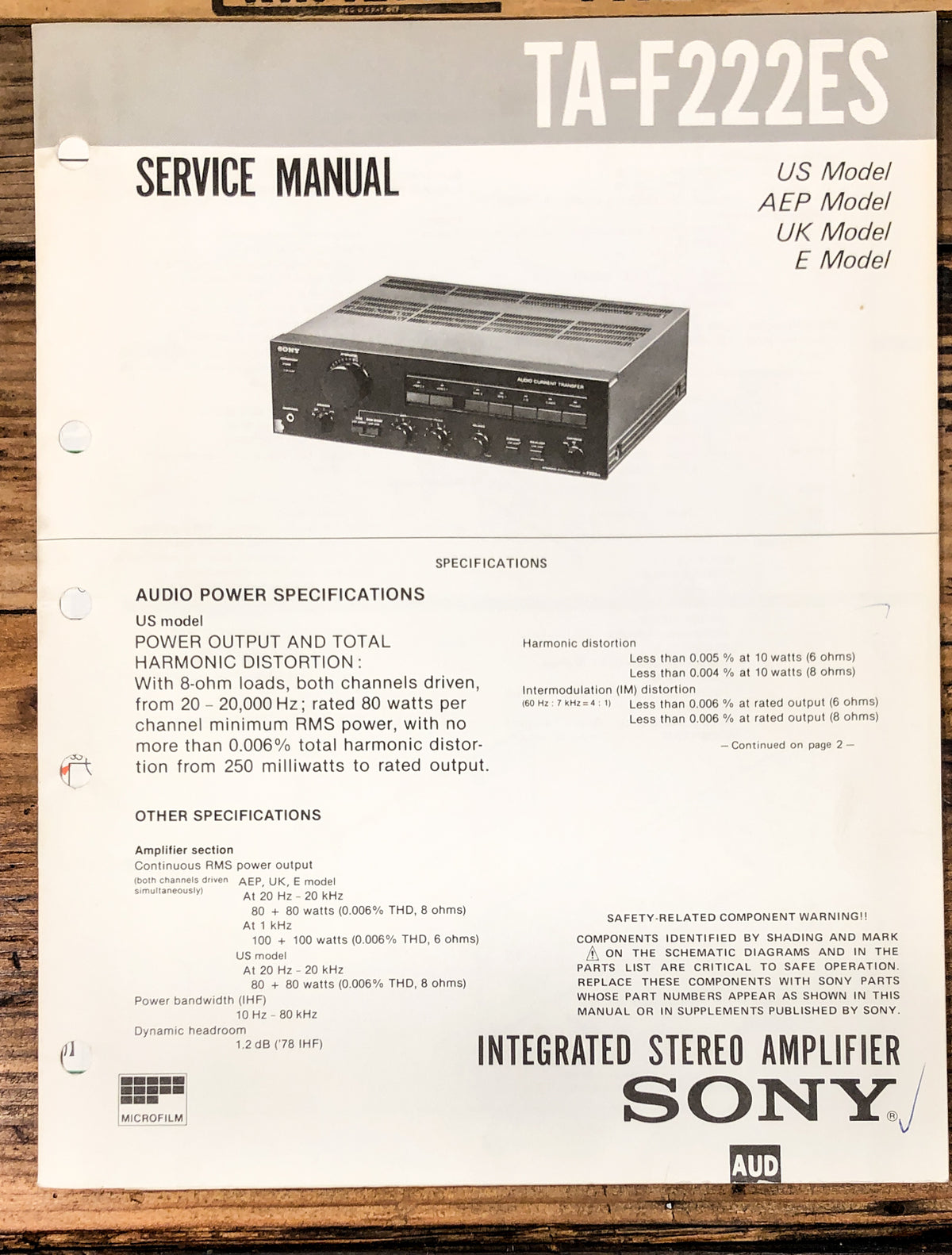 Sony TA-F222ES Amplifier Service Manual *Original*