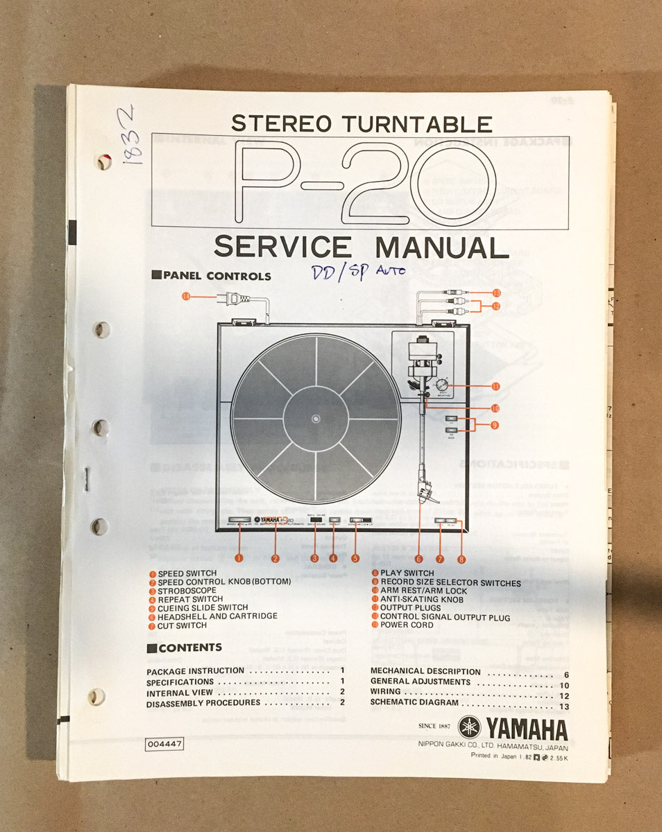 Yamaha P-20 Record Player / Turntable Service Manual *Original*