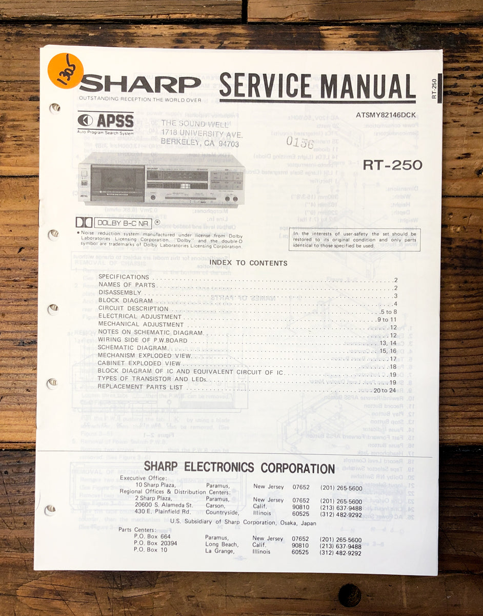 Sharp RT-250 Cassette Service Manual *Original*