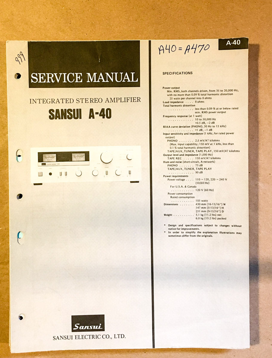 Sansui AU-40 Amplifier Service Manual *Original*