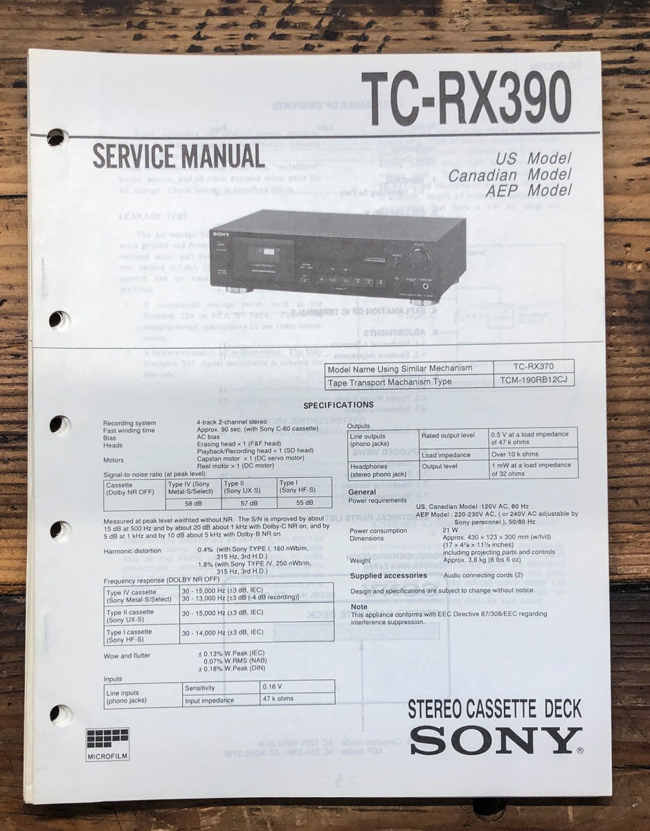 Sony TC-RX390 Cassette Service Manual *Original*