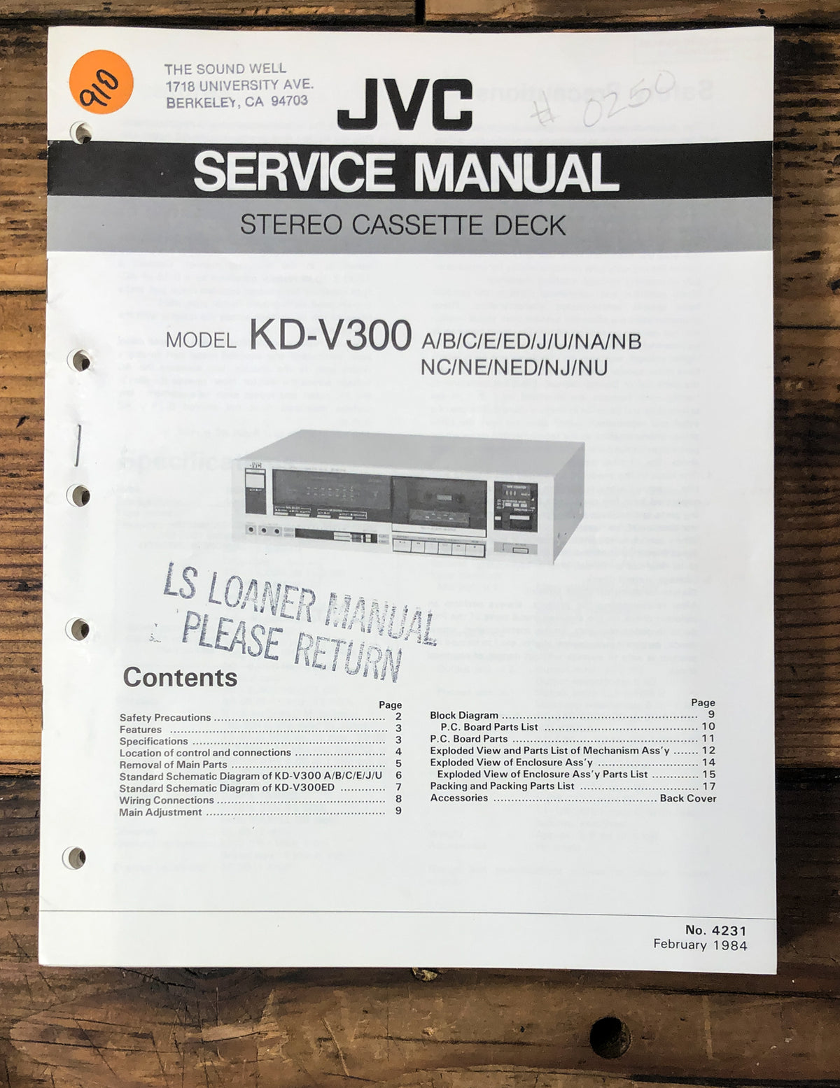 JVC KD-V300 Cassette Service Manual *Original*
