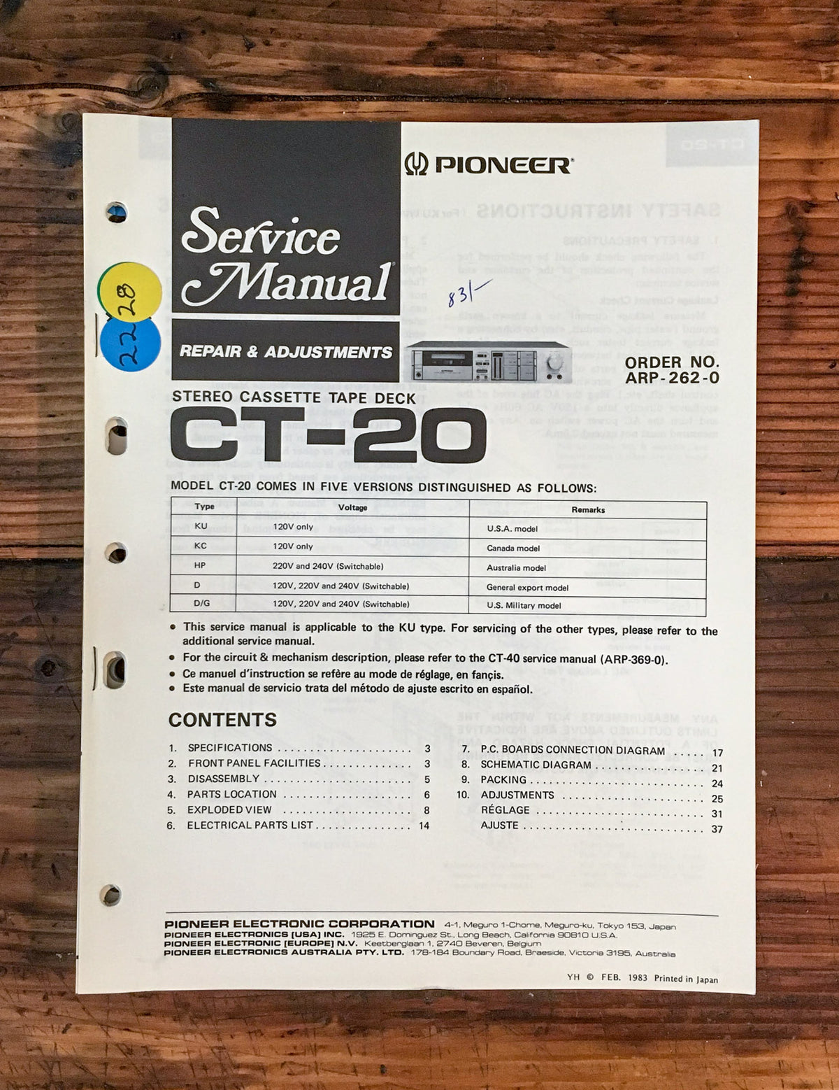 Pioneer CT-20 Cassette Service Manual *Original*