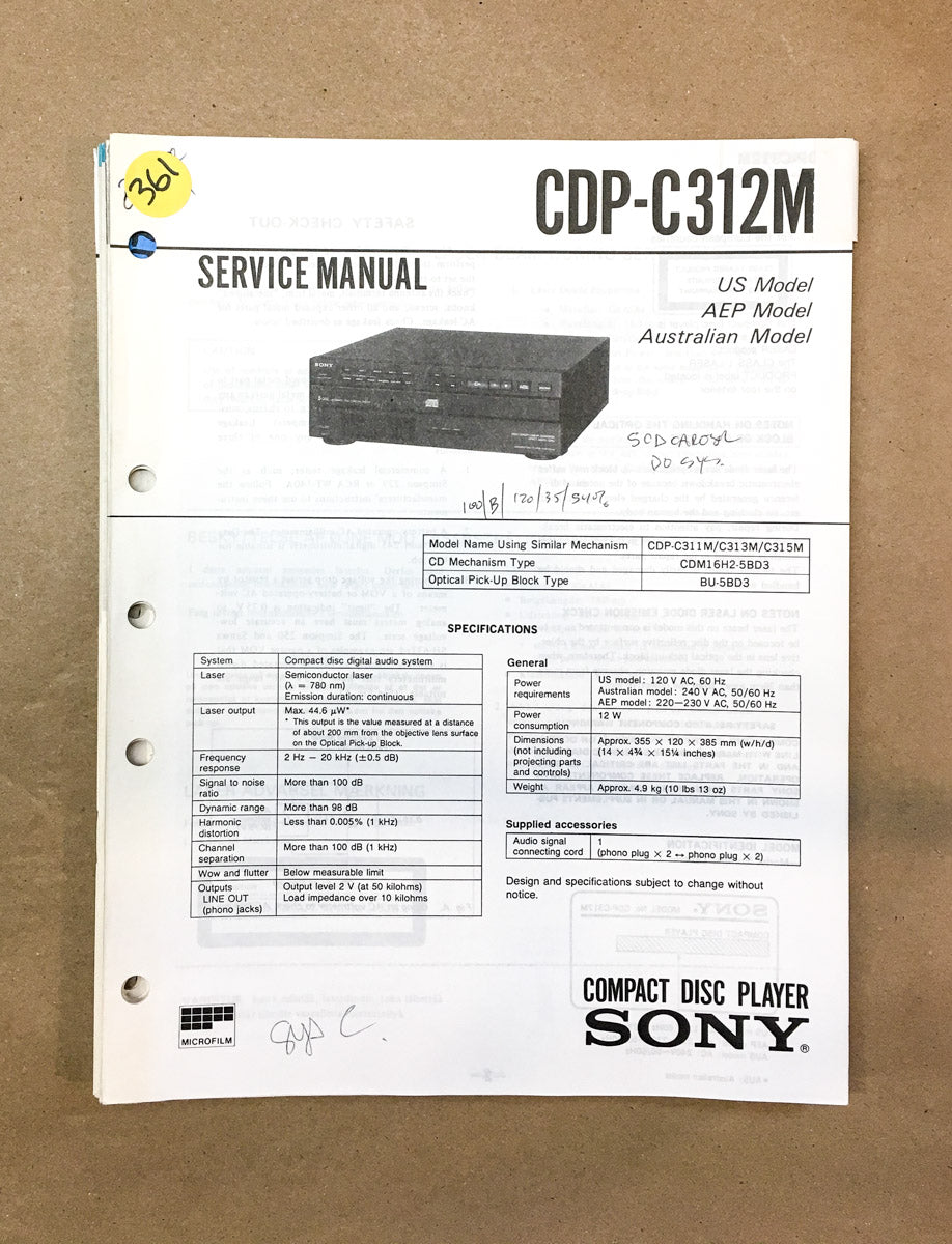 Sony CDP-C312M CD Player Service Manual *Original*