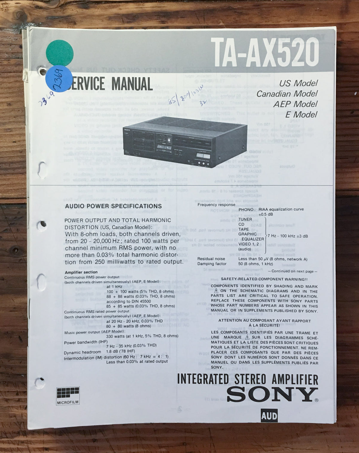 Sony TA-AX520 Amplifier Service Manual *Original*