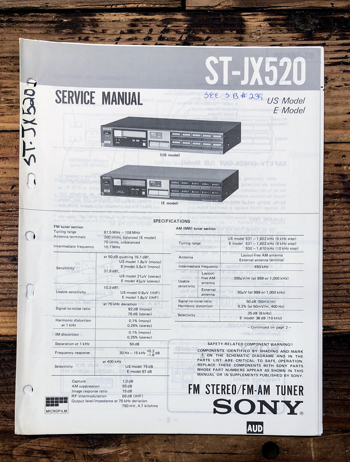 Sony ST-JX520 Tuner Service Manual *Original*