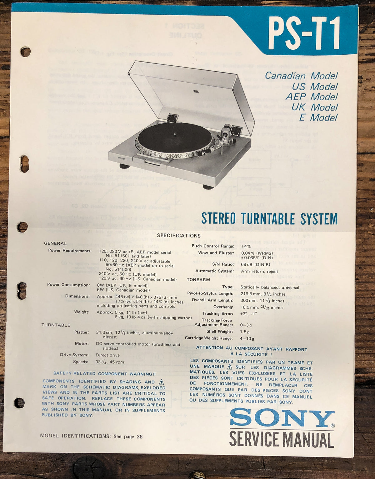 Sony PS-T1 Record Player / Turntable Service Manual *Original*