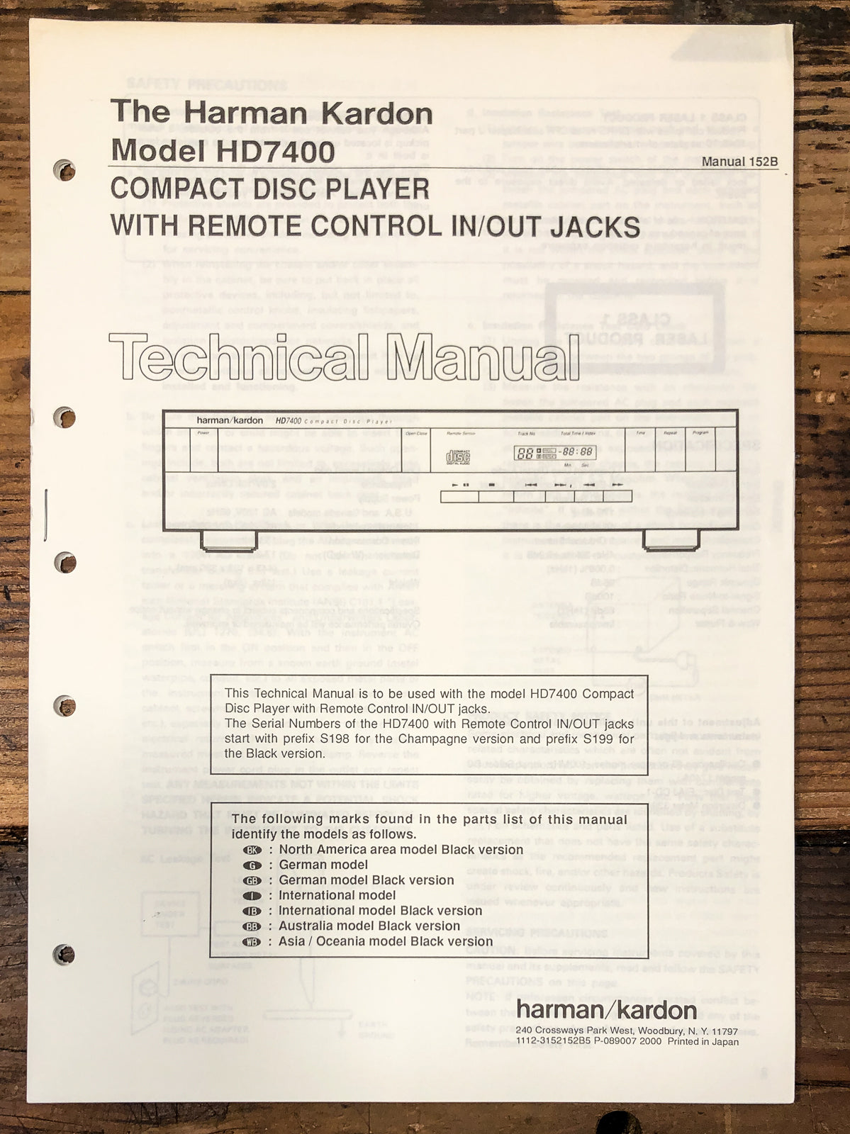 Harman Kardon HD7400 HD-7400 CD Player Service Manual *Original* Part B