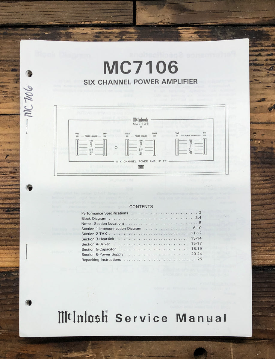McIntosh MC7106 MC-7106 Amplifier Service Manual *Original*