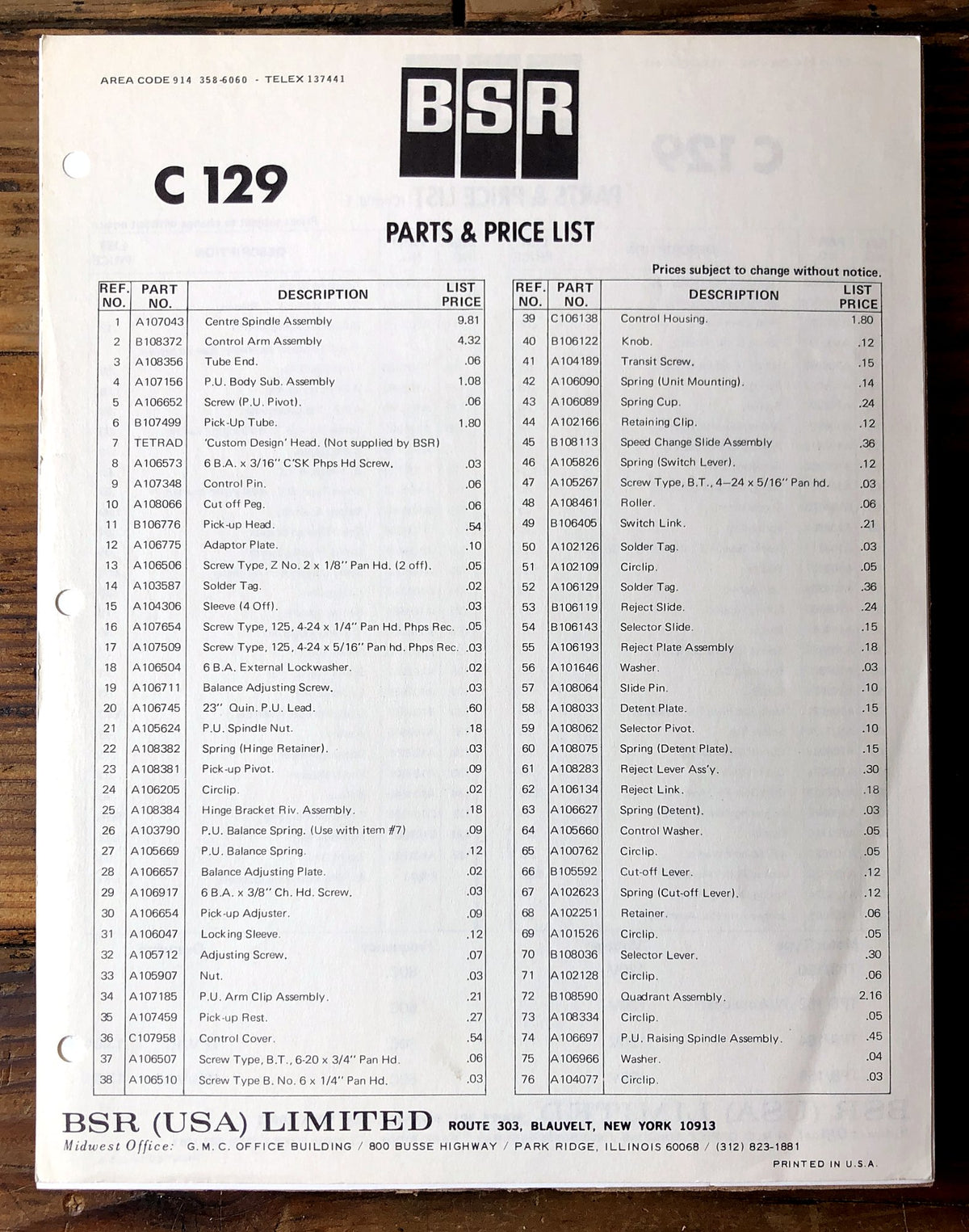 BSR C129 Record Changer Parts List *Original*