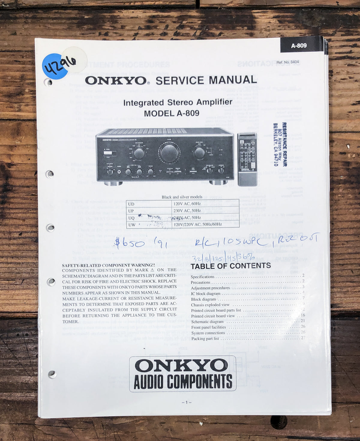 Onkyo A-809 Amplifier Service Manual *Original*