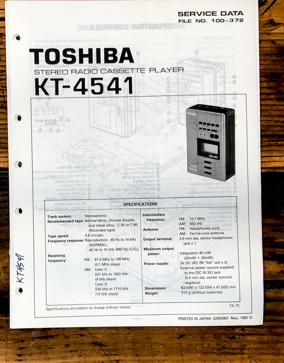 Toshiba Model KT-4541 Cassette Service Manual *Original*