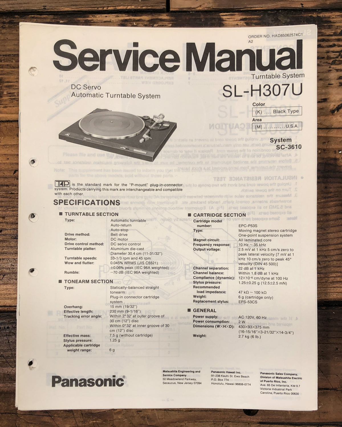 Technics / Panasonic SL-H07 SL-H307U Turntable Service Manual *Original*
