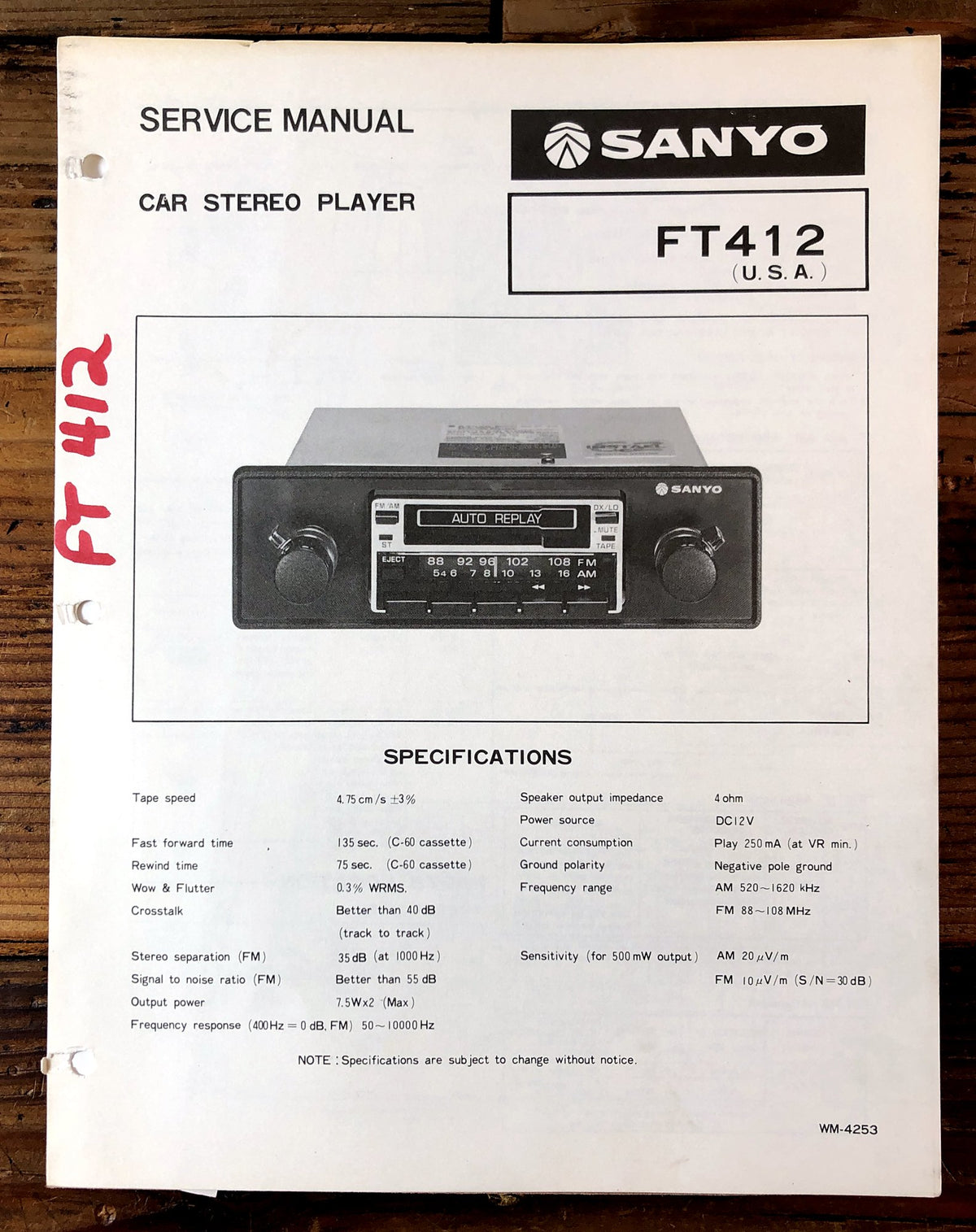 Sanyo FT412 Car Stereo Player Service Manual *Original*
