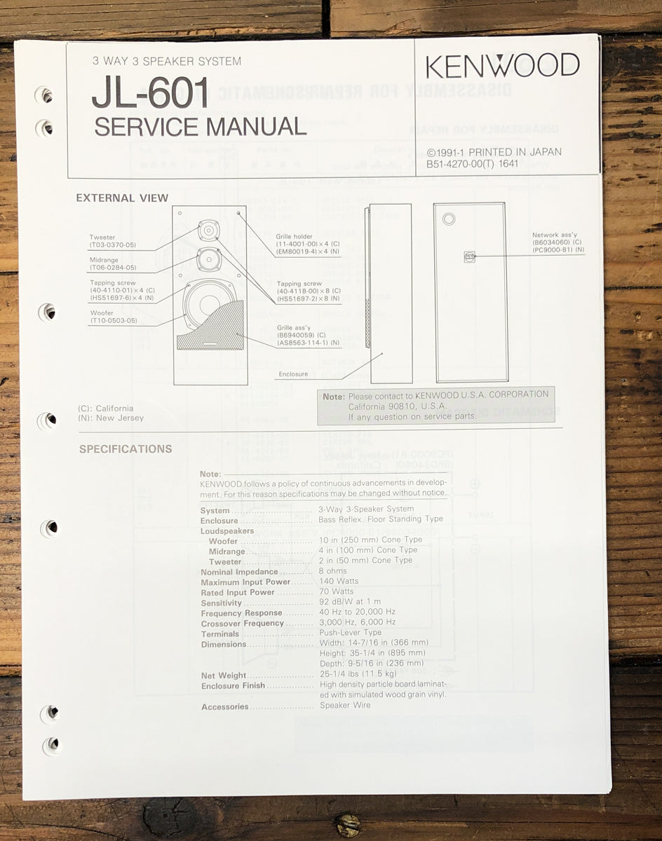 Kenwood JL-601 Speaker Service Manual *Original*