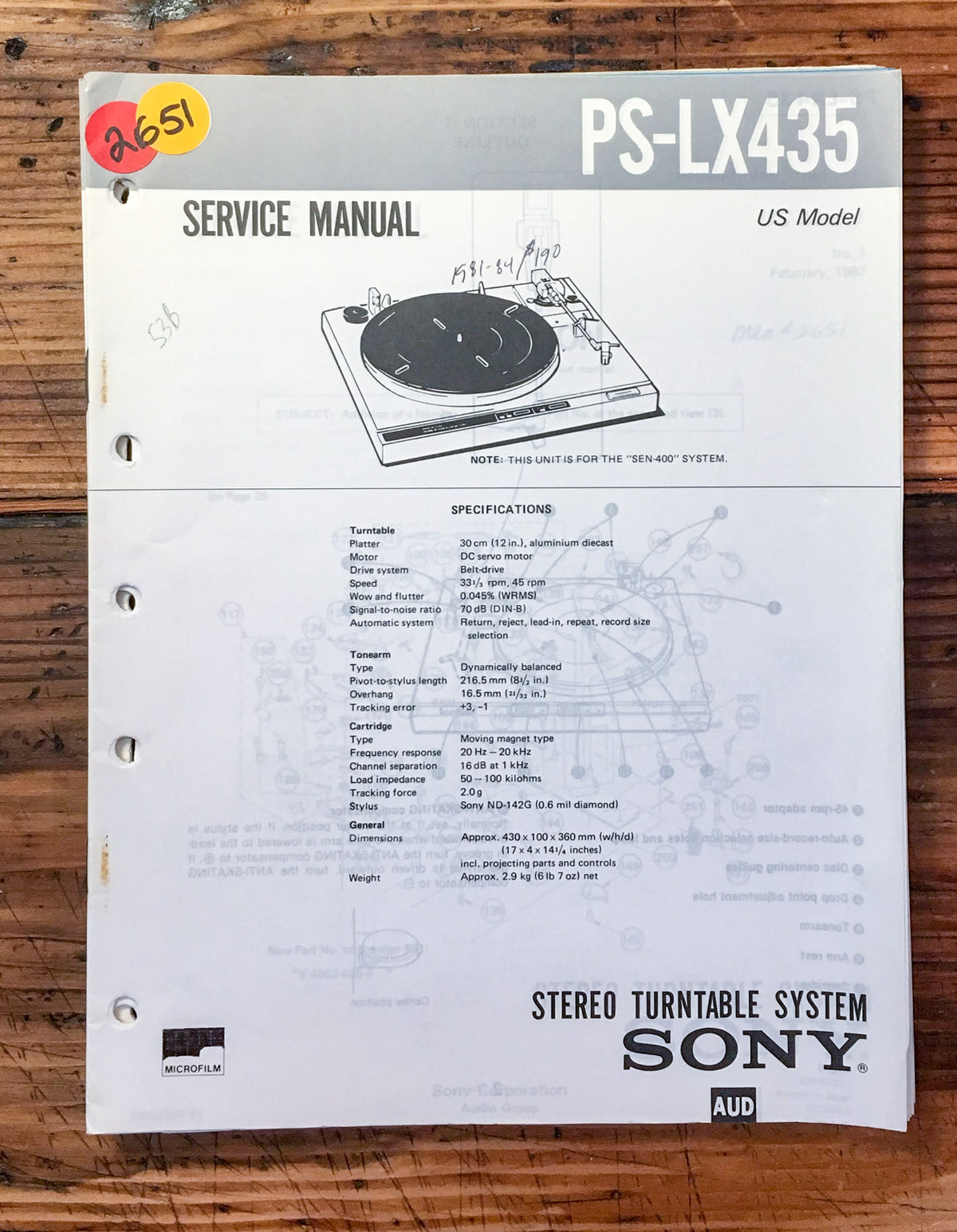 Sony PS-LX435 Record Player / Turntable Service Manual *Original*