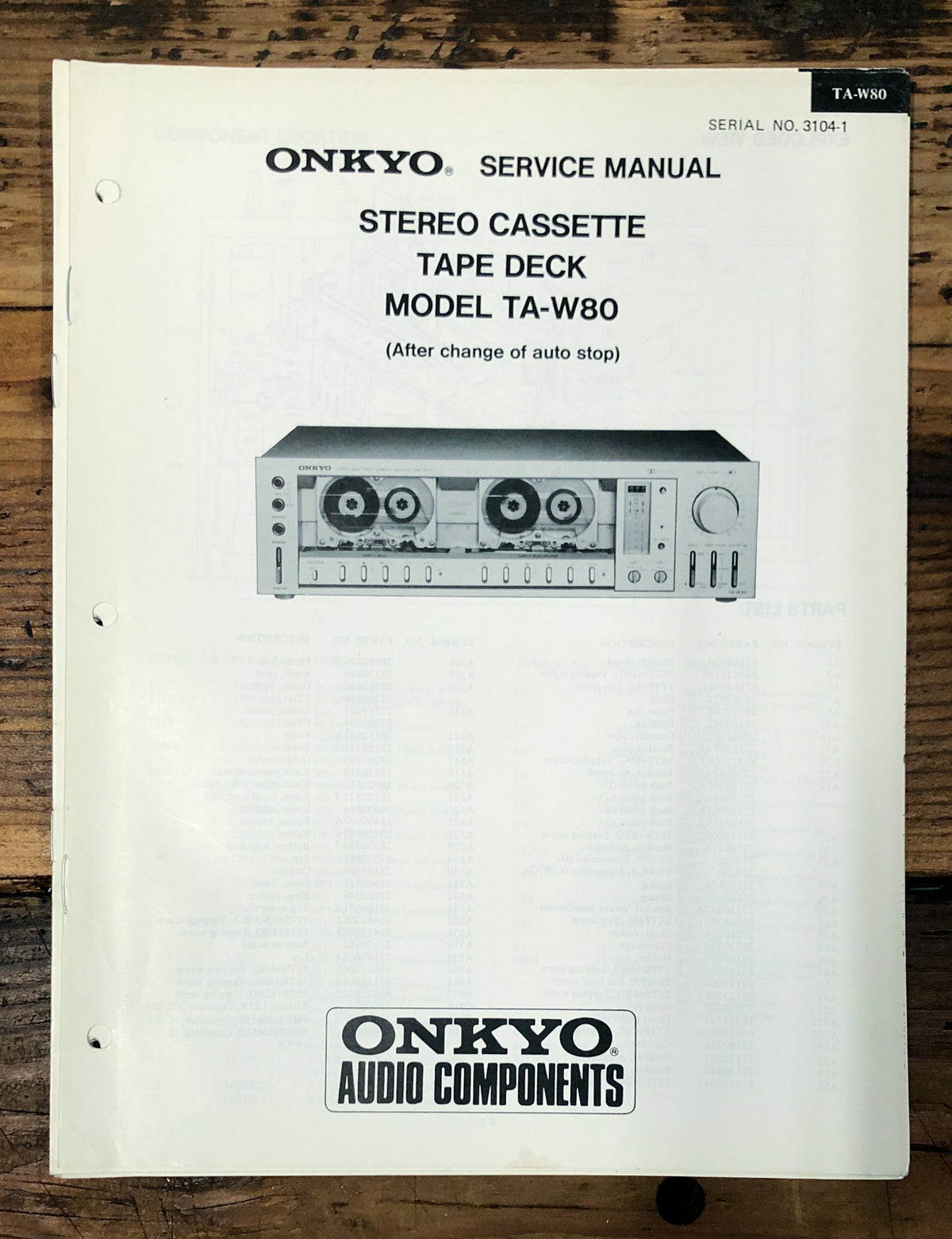 Onkyo TA-W80 Cassette Service Manual *Original* #2