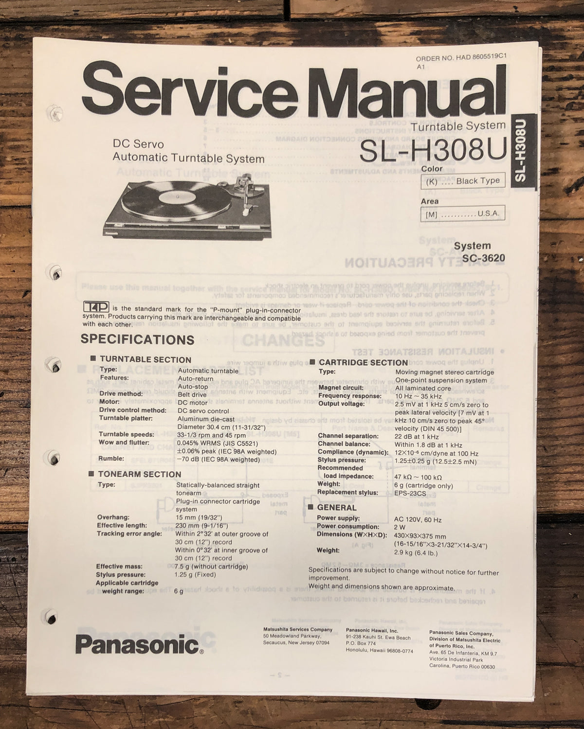 Technics / Panasonic SL-H308 SL-H308U Turntable Service Manual *Original*
