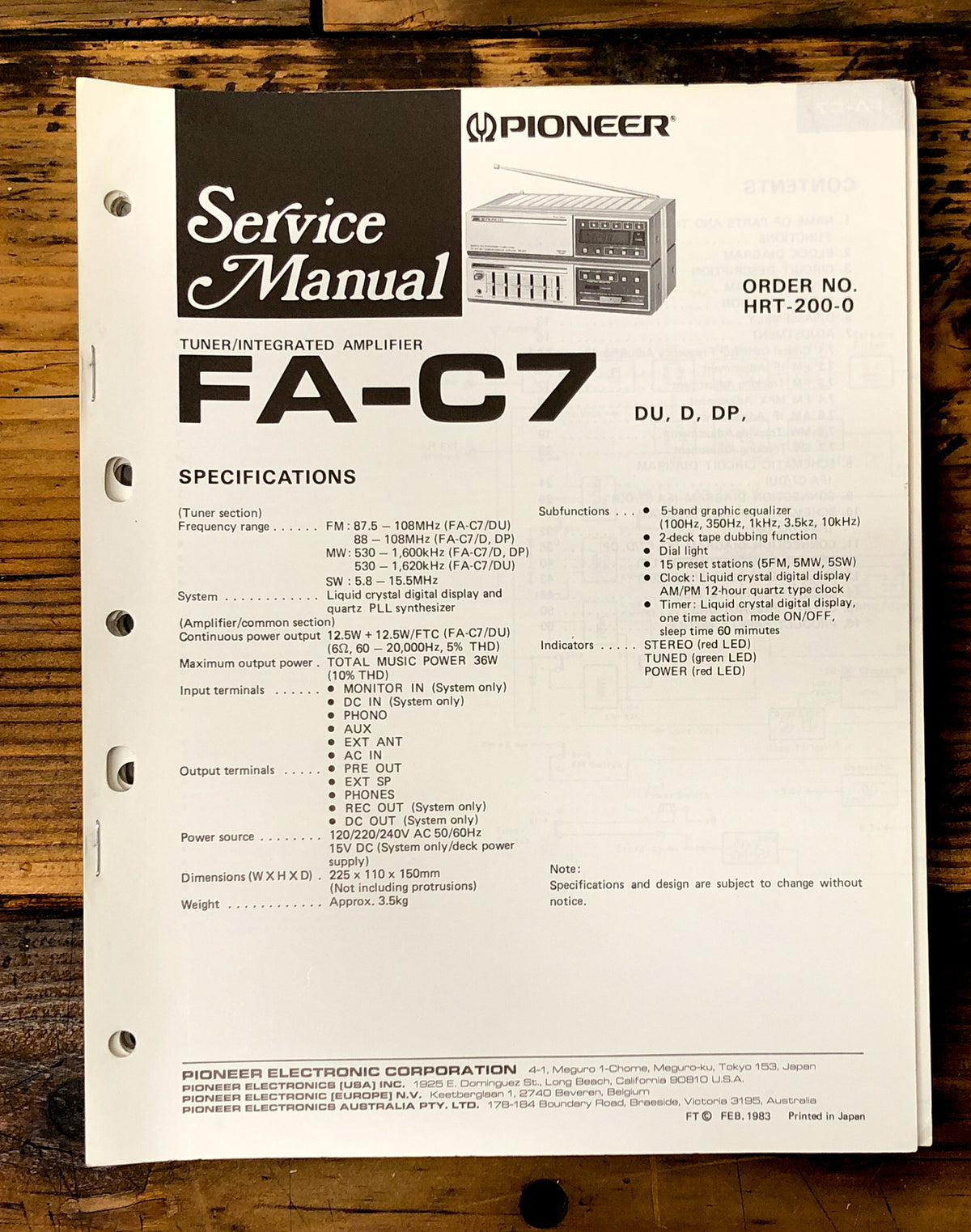 Pioneer FA-C7 Stereo Service Manual *Original*