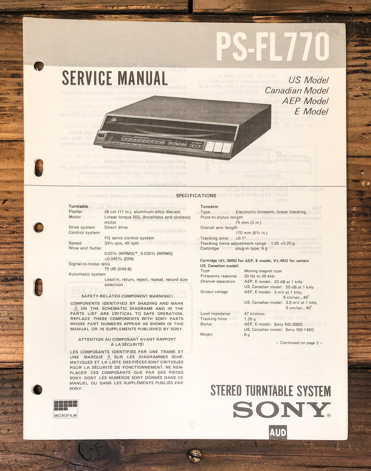 Sony PS-FL770 Record Player / Turntable Service Manual *Original*