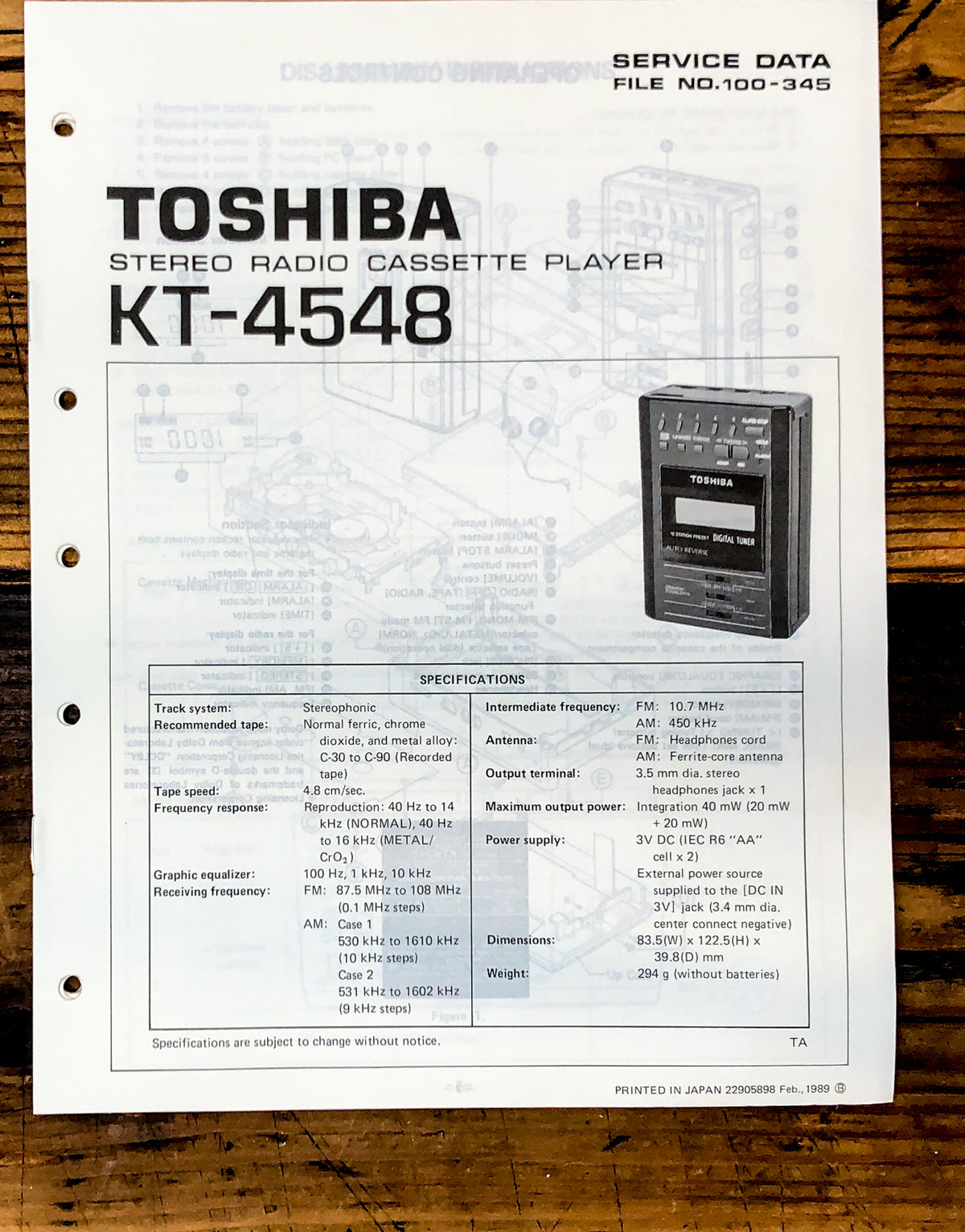 Toshiba Model KT-4548 Cassette Service Manual *Original*