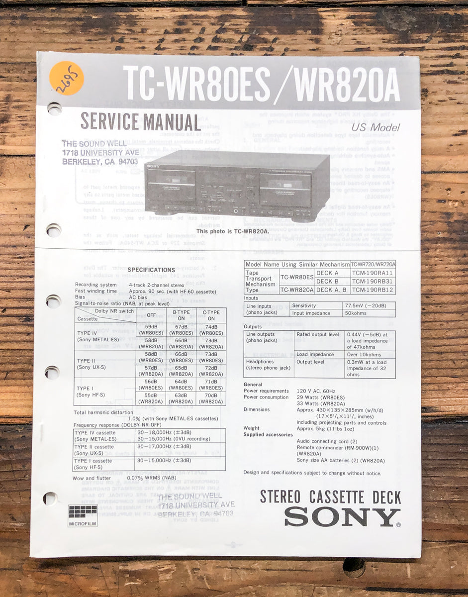 Sony TC-WR80ES TC-WR820A Cassette Service Manual *Original*