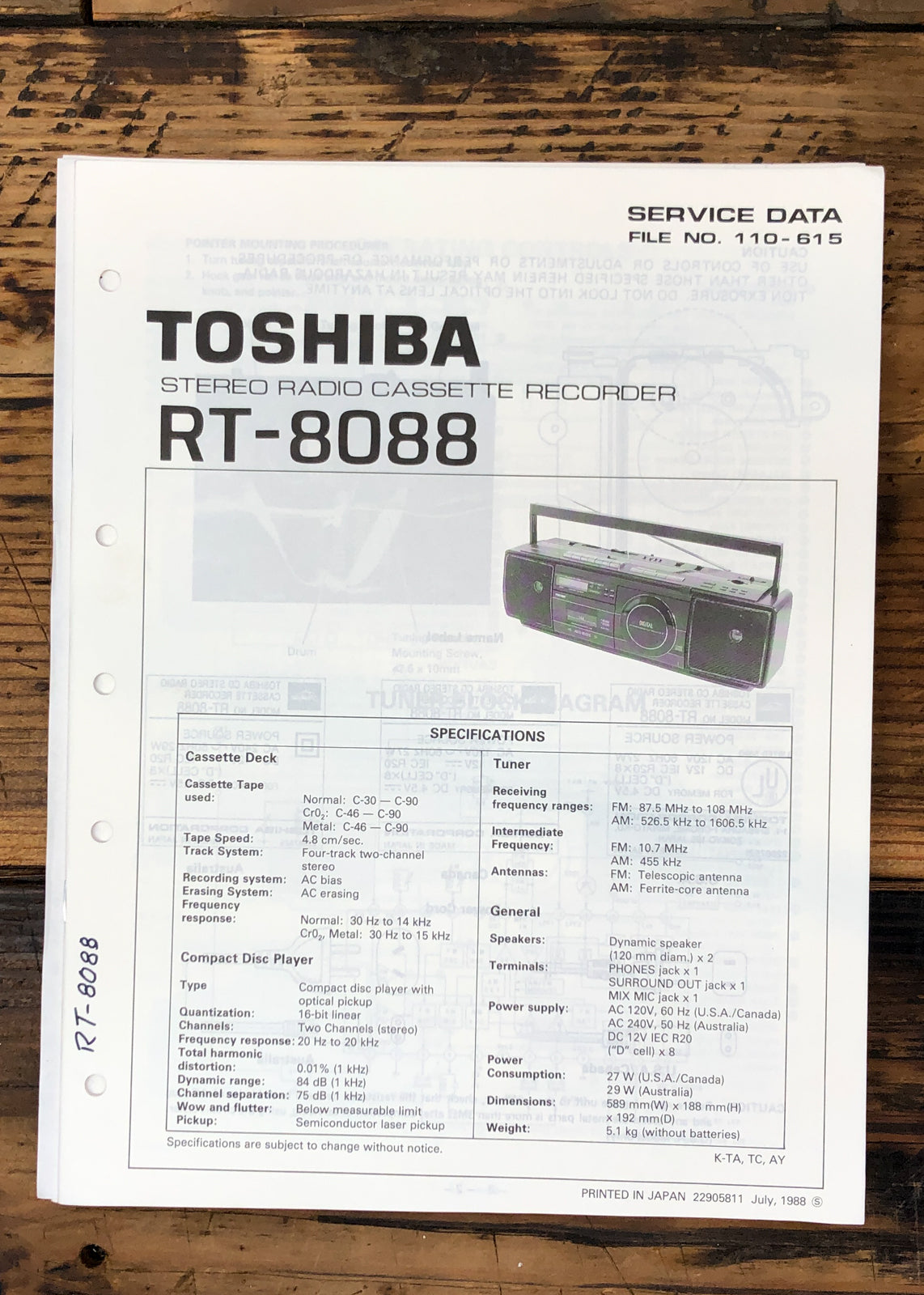 Toshiba RT-8088 Stereo Service Manual *Original*