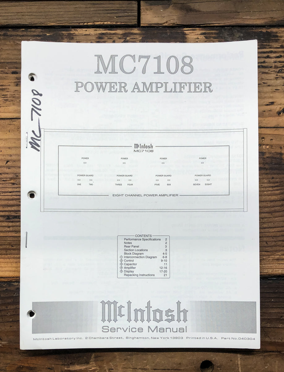 McIntosh MC7108 MC-7108 Amplifier Service Manual *Original*