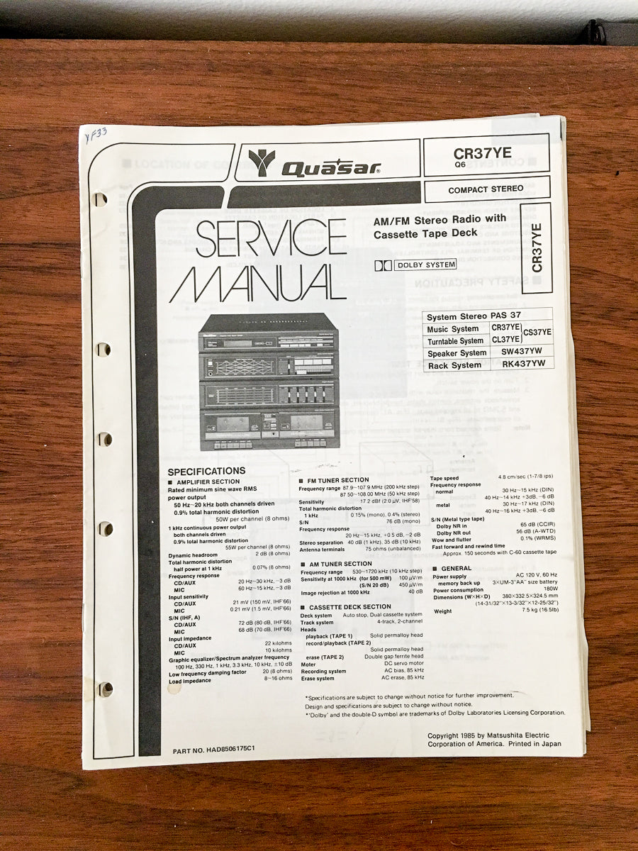 Quasar CR37YECR-37YE Radio / Stereo Service Manual *Original*